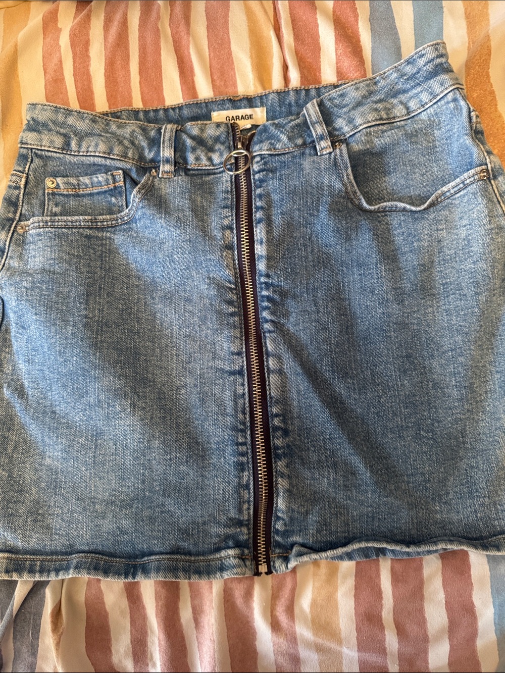 Garage Light Blue Denim Mini Skirt with Front Ring Zip